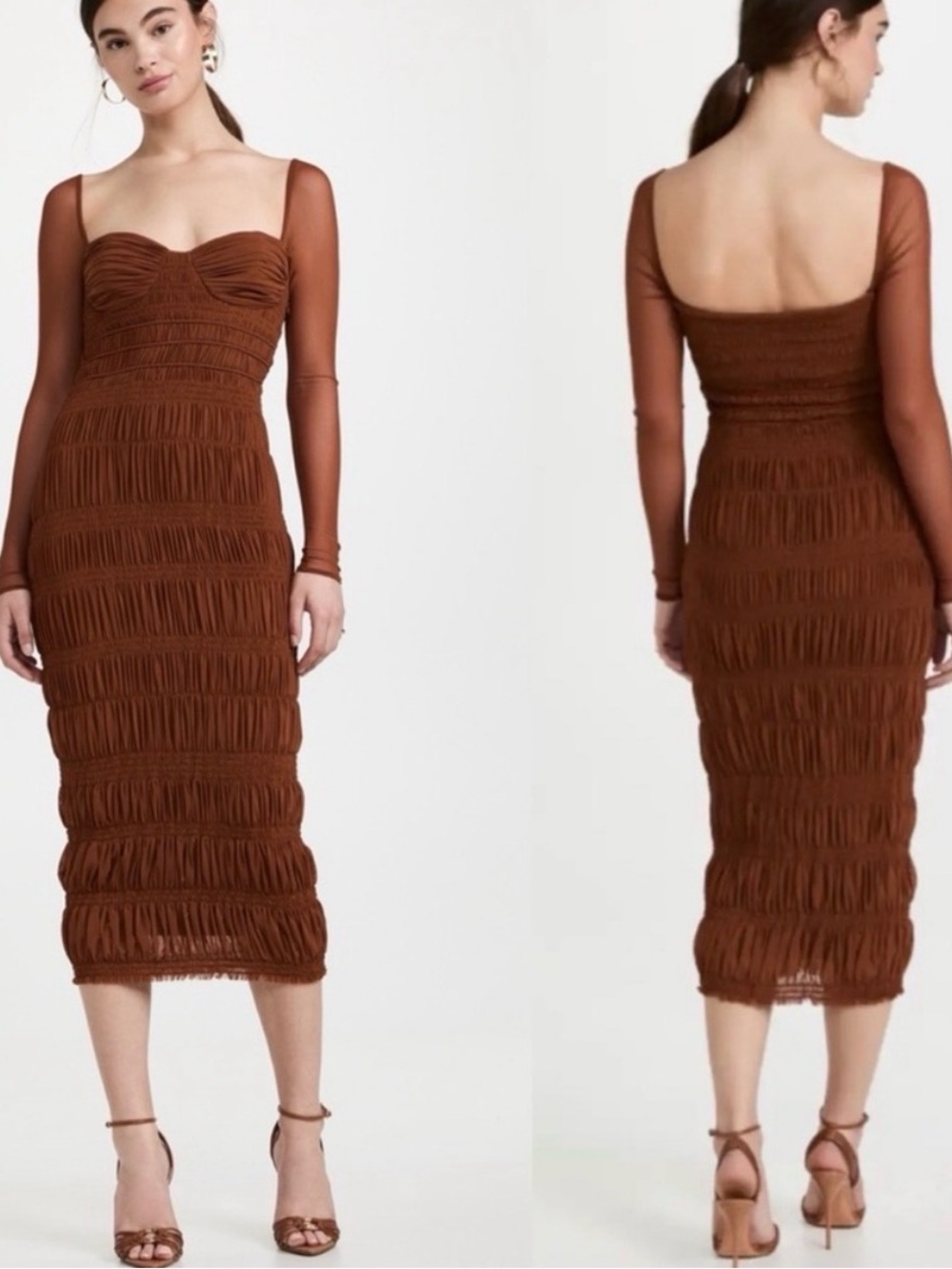 Self-Portrait Caramel Shirred Mesh Midi Dress US 2 UK 6